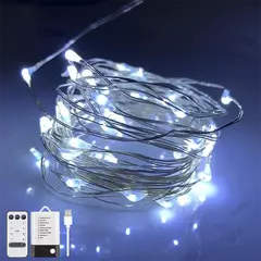LED гірлянда новорічна 100LED 10м колір Холодний Білий 8 режимів з димуванням 2 в 1 від USB та батарейок з пультом ДУ