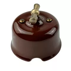 Ретро вимикач керамічний SOFTY Choco 1-клавішний з бронзовою ручкою без рамки, Тип вимикача: одноклавішний, Колір основи: шоколадний