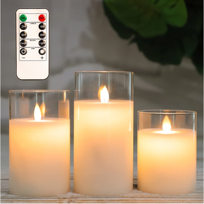 Набір з 3 LED свічок Dancing Flame 75х100/125/150мм з імітацією полум'я й пультом ДУ в прозорму склі Premium, зображення 8