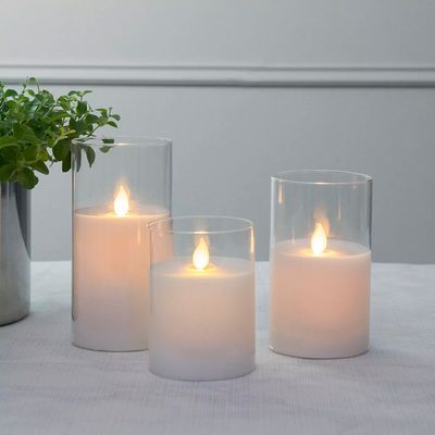 Набір з 3 LED свічок Dancing Flame 75х100/125/150мм з імітацією полум'я й пультом ДУ в прозорму склі Premium, зображення 6