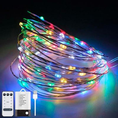 LED гірлянда новорічна 100LED 10м Різнокольорова 8 режимів з димуванням 2 в 1 від USB та батарейок з пультом ДУ