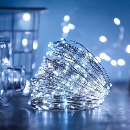 LED гирлянда новогодняя 100LED 10м цвет Холодный Белый режимы статика и мерцание от батареек - Edisons