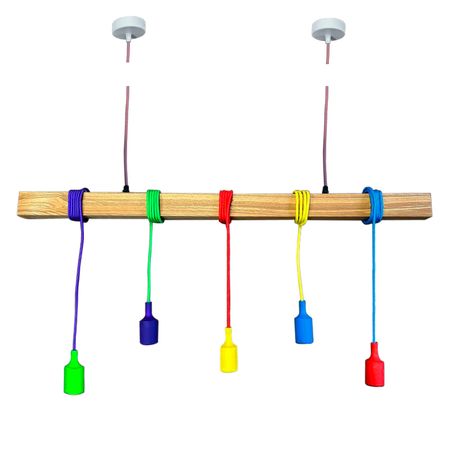 Люстра в скандинавском стиле SkandyWood Kids с деревянной балкой из ясеня на 5 ламп разноцветная, Вид светильника: 7 - Edisons