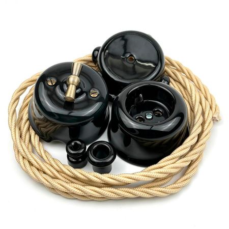 Ретро выключатель керамический SOFTY черный 1-клавишный с бронзовой ручкой и рамкой, Тип выключателя: одноклавишный, Цвет основы: черный, изображение 7 - Edisons