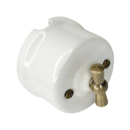 Ретро вимикач керамічний Keruida білий 1-клавішний з бронзовою ручкою без рамки, Тип вимикача: одноклавішний, Колір основи: білий, зображення 3