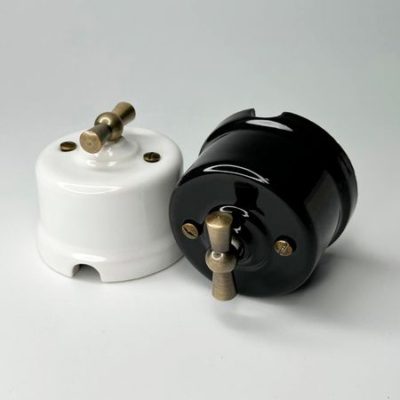 Ретро вимикач керамічний Keruida чорний 2-клавішний з бронзовою ручкою без рамки, Тип вимикача: двоклавішний, Колір основи: чорний, зображення 7
