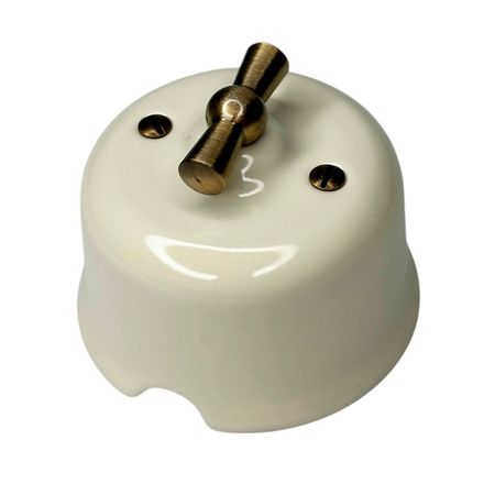 Ретро вимикач керамічний SOFTY Milk 2-клавішний з бронзовою ручкою без рамки, Тип вимикача: двоклавішний, Колір основи: молочний