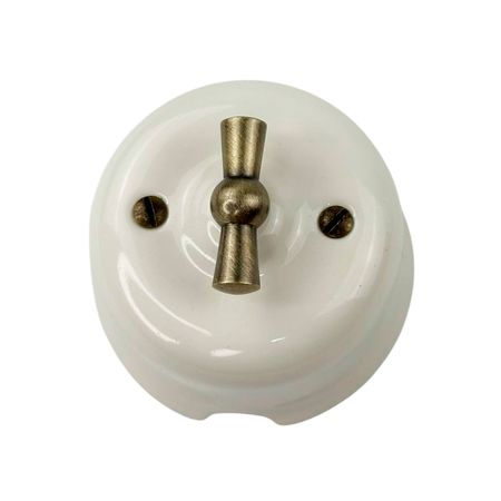 Ретро вимикач керамічний SOFTY White 2-клавішний з бронзовою ручкою без рамки, зображення 2