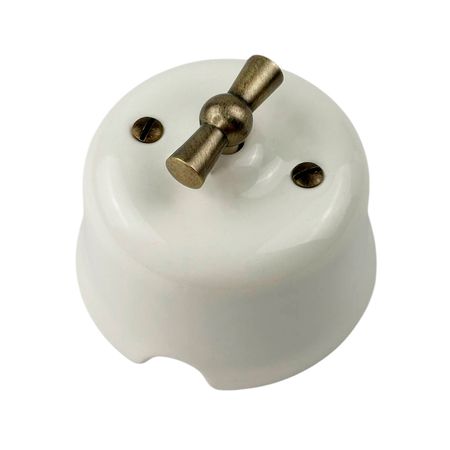 Ретро вимикач керамічний SOFTY White 2-клавішний з бронзовою ручкою без рамки, зображення 3