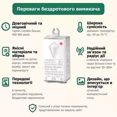 Комплект беспроводного выключателя с 3-канальным пультом дистанционного управления и приемным блоком 220V 1000W SW-R01, изображение 6 - Edisons