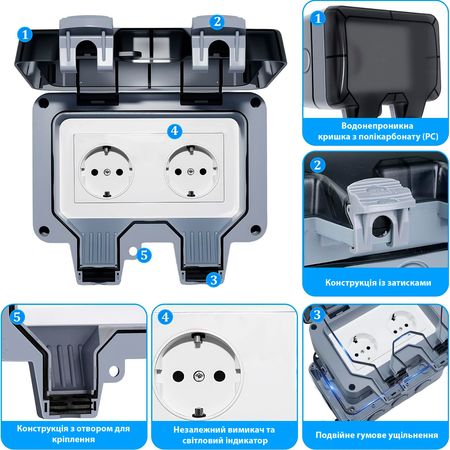 Розетка подвійна IP66 водонепроникна сіра Premium, Кількість роз'ємів: 2, Наявність вимикача: немає, зображення 11