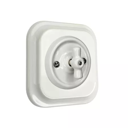 Ретро вимикач керамічний Keruida білий поворотний 2-клавішний прихованого монтажу з квадратною рамкою, Тип вимикача: двоклавішний, Форма рамки: квадратна, Колір основи: білий