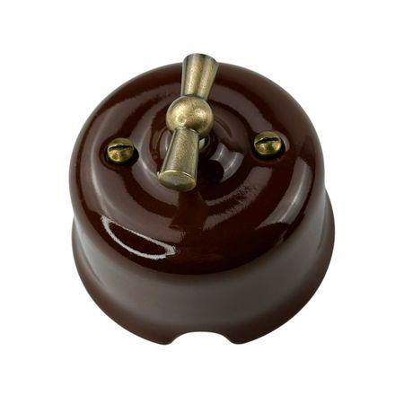 Ретро выключатель керамический SOFTY Choco 1-клавишный с бронзовой ручкой без рамки, Тип выключателя: одноклавишный, Цвет основы: шоколадный, изображение 2 - Edisons