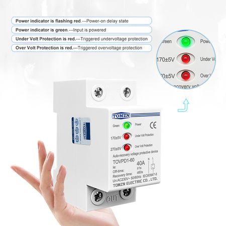 Реле защиты от перепадов напряжения TOMZN TTOVPD1-60 3LED 230V 40А, изображение 2 - Edisons