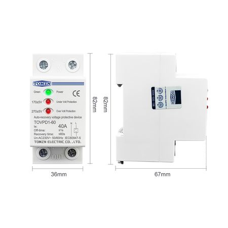 Реле защиты от перепадов напряжения TOMZN TTOVPD1-60 3LED 230V 40А, изображение 3 - Edisons