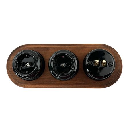 Набір Keruida: чорний керамічний тумблерний ретро-вимикач (2-клавішний) та дві розетки із заземленням на темній потрійній дерев'яній рамці, зображення 4